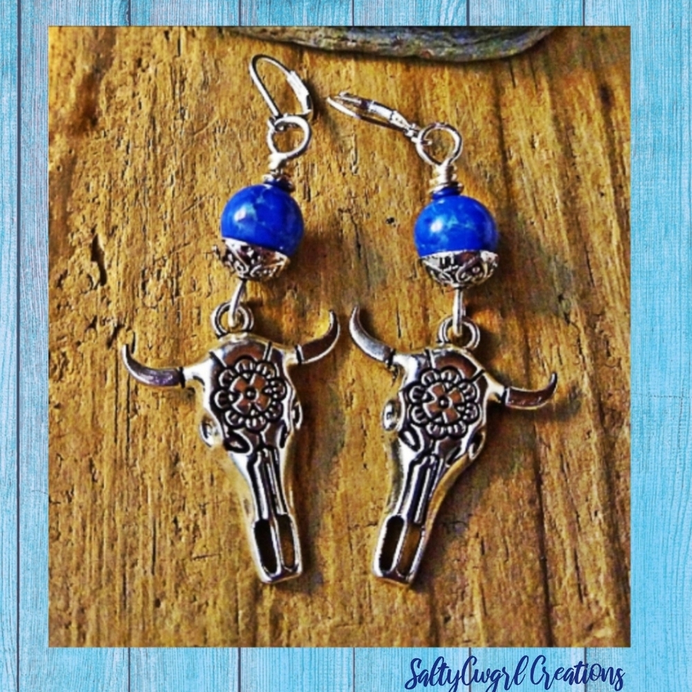 Longhorn Steer Scull and Denim Lapis Bead Earrings